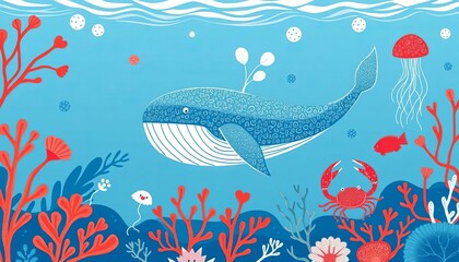 Whimsical underwater scene with whale, blowfish, jellyfish, crab, seaweed, coral in blue, red & white Scandinavian style, seaweed, whale
