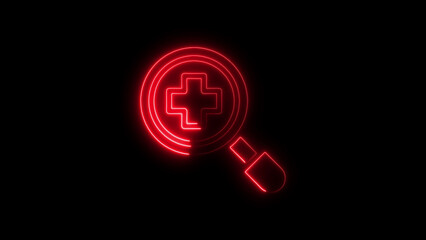 Red neon glowing medical cross symbol inside magnifying glass on black background