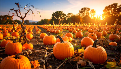 Autumn pumpkin field sunset