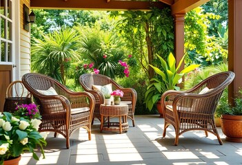Wicker chairs on a sun-drenched patio, surrounded by lush greenery,  landscape,  comfort