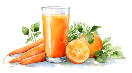Artistic Watercolor Carrot Orange Juice – Vibrant Botanical Blend for Natural Wellness, Healthy Lifestyle Branding & Eco Kitchen Decor