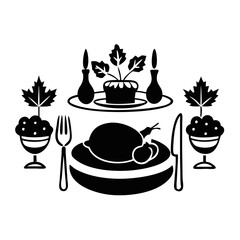 Thanksgiving Dinner Table Silhouette with Candles-Black vector silhouette of a festive Thanksgiving dinner setup featuring roast turkey, candles, pie, fruits, and autumn leaves.