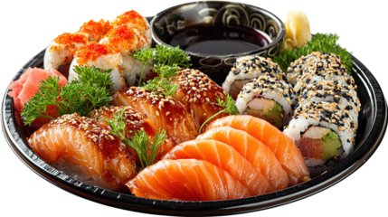 Set of sushi and maki with soy sauce over blue stone background. Top view with copy space