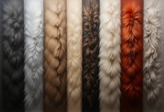 Diverse collection of soft colorful fur fabric textures arranged vertically with natural lighting