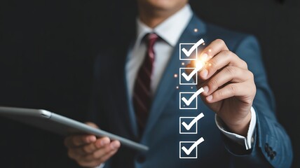 Businessman checking off items on a digital checklist with glowing markers task done