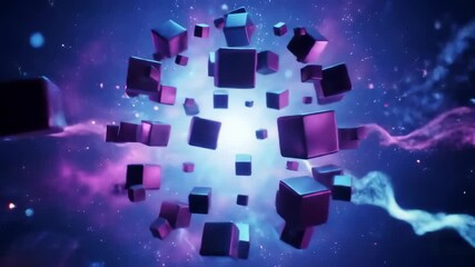 Floating neon cubes rotate and drift in cosmic tunnel with swirling lights and particles - Powered by Adobe