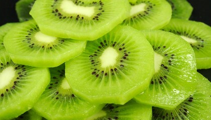 Kiwi fruit is sliced and shows the bright green flesh with small black seeds