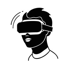 Silhouette of Person Using Virtual Reality Headset-Black and white vector illustration of a person wearing a VR headset, representing immersive technology and digital interaction.