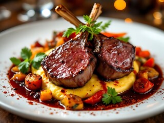 Close-up view of an elegant gourmet dish with artistic plating and fine detail. Perfect for food blogs, restaurant branding, and culinary editorial content