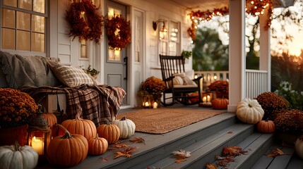 Porch with a wreath and pumpkins on it.