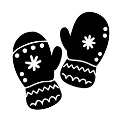 Winter mittens with snowflake and pattern design-Black silhouette of cozy winter mittens decorated with snowflakes and zigzag patterns, representing warmth, holiday, and winter fashion.
