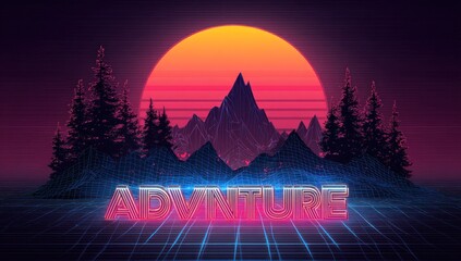 Retro landscape with wireframe mountains, trees, and sun. Neon, futuristic feel. "Adventure" in bright text overlayed on a grid. Synthwave vibes
