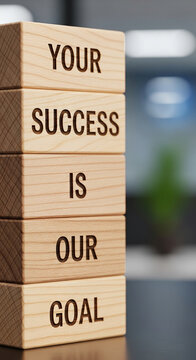 Stacked wooden blocks display "Your Success Is Our Goal", showcasing business commitment and client success as a priority