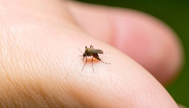 Close-up photog of a human hand being bitten by a mosquito