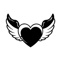 Obraz premium Black Heart with Wings Vector Tattoo Design-Bold black vector illustration of a heart with wings, ideal for tattoo art, love themes, or romantic graphic projects.