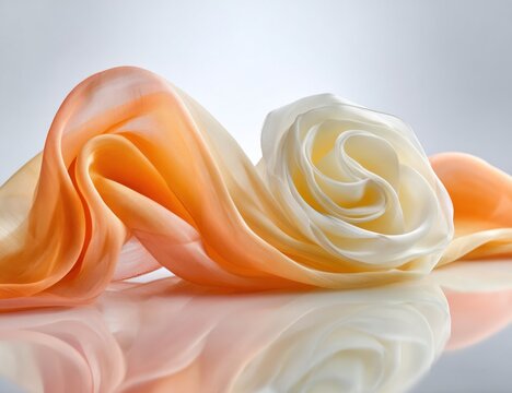 Flowing fabric mimics a rose. Peach hues transition to ivory. The smooth material reflects, creating a symmetrical effect with soft light gradients