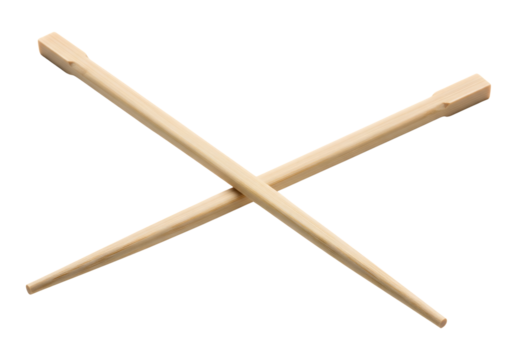 A pair of wooden bamboo chopsticks crossed in an X shape. Isolated on transparent background, png