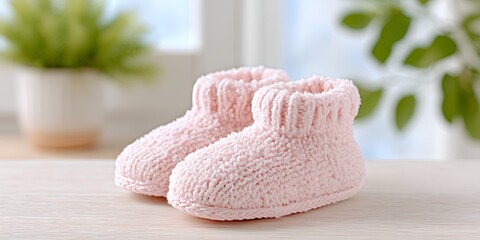 Two pink baby booties are sitting on a wooden table.