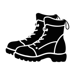 Pair of Hiking Boots Silhouette Icon-Black vector silhouette of a pair of rugged hiking boots with detailed laces and thick soles, symbolizing outdoor adventure gear.