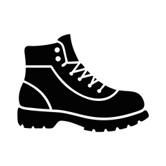 Hiking Boot Silhouette Icon in Black-Black vector silhouette of a rugged hiking boot with visible laces and tread, representing outdoor gear and adventure footwear.
