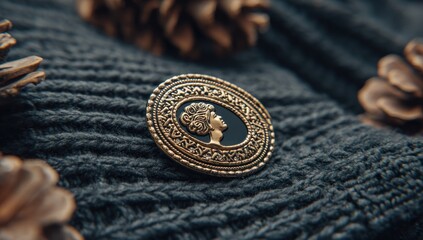 Ornate gold cameo brooch depicting a woman's profile, centered on a textured gray knitted blanket, surrounded by scattered pinecones