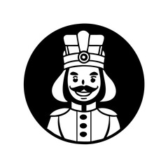 Black and White Nutcracker Head Icon-Stylized vector image of a nutcracker soldier’s head in black and white, wearing a crown, inside a circular background.