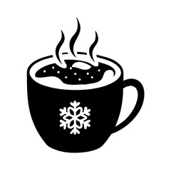 Black and white winter mug icon with donut and steam-Simple silhouette of a steaming hot drink in a mug decorated with a snowflake and a floating donut, evoking cozy winter treats.