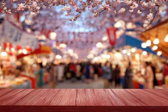 Wooden surface before blurred festival scene with cherry blossoms - Powered by Adobe