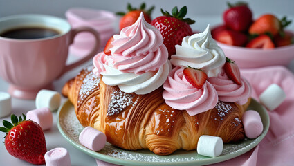 Croissant dessert with marshmallows, strawberries, and powdered sugar, great for pastry showcase, product mockups, and cozy food campaigns.