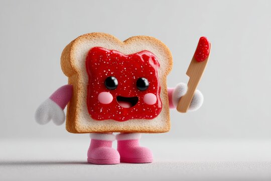 Cute bread slice character with strawberry jam and pink gloves holding spreader