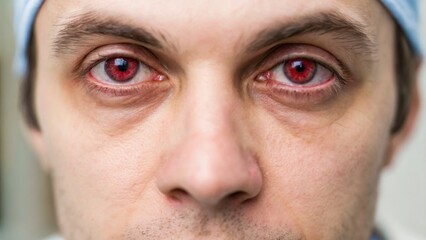 Obraz premium A close-up of a person's face showing intense, red eyes, likely indicating fatigue or stress, with a neutral expression.