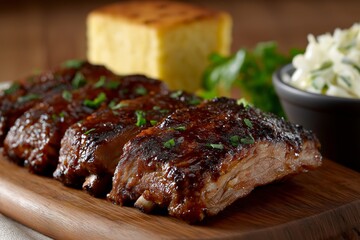 Delicious barbecue ribs with cornbread and coleslaw on wooden platter