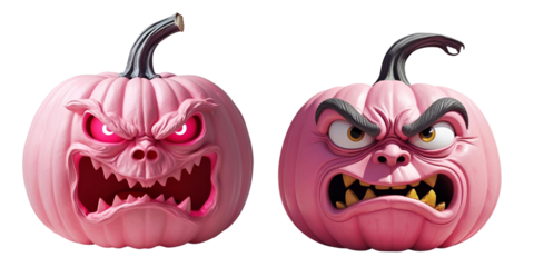 Evil pink pumpkins for Halloween isolated on transparent or white background, png