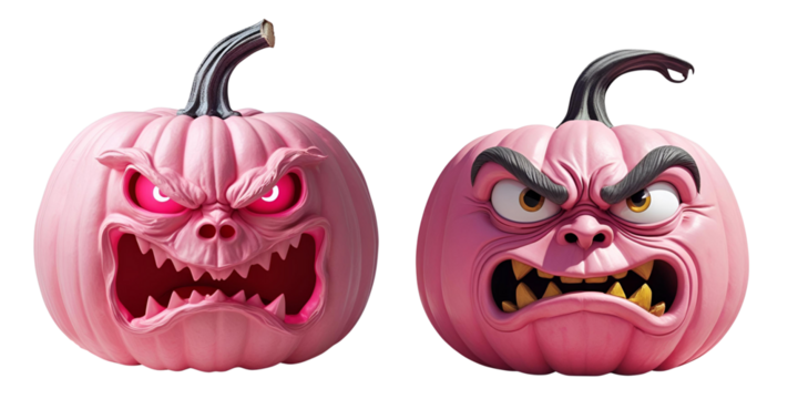 Evil pink pumpkins for Halloween isolated on transparent or white background, png - Powered by Adobe