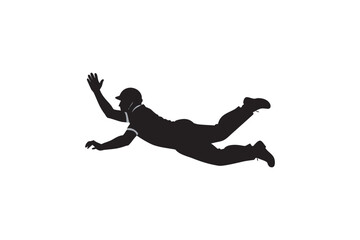 Silhouette of a cricket fielder diving to catch the ball showcasing athleticism and skill in a dynamic action pose against a clean white background