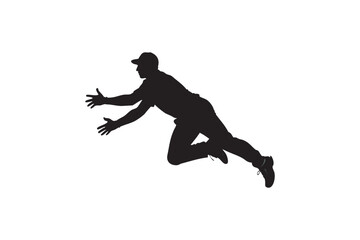 Silhouette of a man diving to catch something isolated on white background depicting athleticism sports action and the pursuit of a goal with determination and