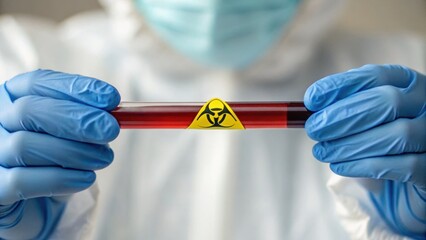 A person in protective gear holds a test tube with a biohazard symbol, indicating the presence of dangerous substances.