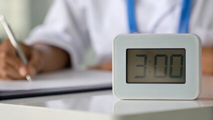 A clock displaying 3:00 sits on a desk as a person writes notes with a pen, suggesting focus and time management in a professional setting.