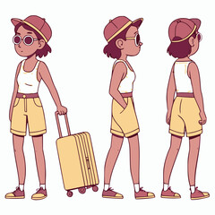 Minimilist cartoon woman in three poses with suitcase wearing cap and shorts ready for vacation travel plans vector