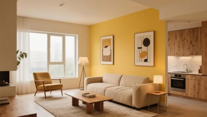 Fototapeta premium Modern Living Room with Yellow Accent Wall and Open Kitchen