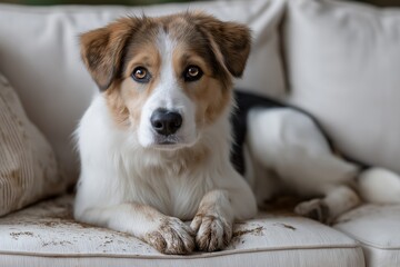 Adorable mixed breed dog with muddy paws on a white sofa