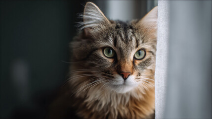 A fluffy tabby cat with striking green eyes peeks out from behind a curtain, creating a sense of mystery and intrigue. Ideal for petrelated content or symbolizing curiosity.