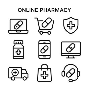 Pharmaceutical and medicine delivery icons set. Outline symbols. Line design