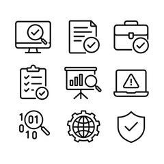 Digital audit and analysis vector icon set. Outline symbols. Line design