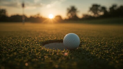 A golf ball next to a hole on a green at sunset