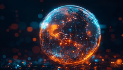 Abstract globe with orange network connections represents global economic relations, policy impacts on international trade.