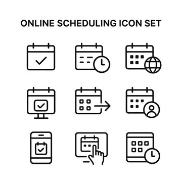 Online scheduling and booking vector icon set. Outline symbols. Line design