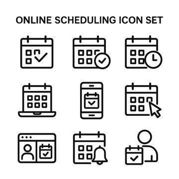 Scheduling and time management vector icons. Outline symbols. Line design