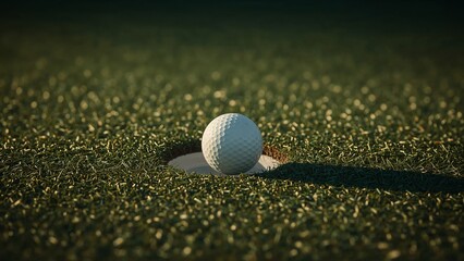 A white golf ball rests at the edge of the hole on a putting green