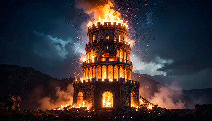 Burning tower nighttime drama